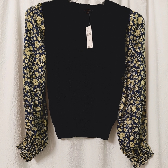 NWT Anthropologie Current Air Los Angeles Floral Sleeve Navy Blue Top Size L - Picture 2 of 13
